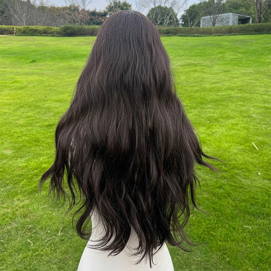 NATURAL BLACK WAVY WIG WITH BABY HAIR BANGS