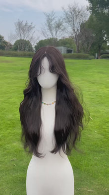  NATURAL BLACK WAVY WIG WITH BABY HAIR BANGS